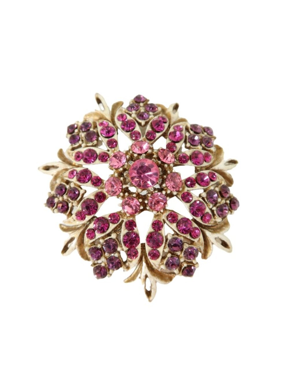 Vintage FLORENZA Pink Rhinestone Gold Tone Antiqued Enamel Flower Brooch 2"